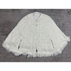 Vintage ILGWU Knit Cape Womens OS Cream Button Front Fringe Boho Textured Wrap